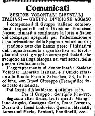 COMMUNIQUÉ DES VOLONTAIRES iTALIENS COLONNE ASCASO